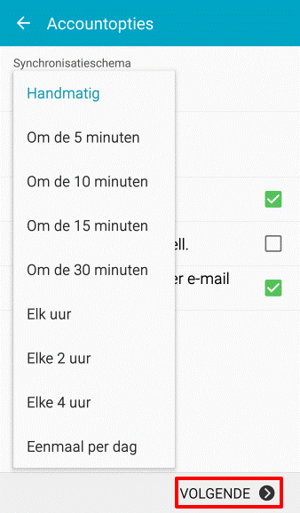 Kies hoe vaak de app checkt op nieuwe mails