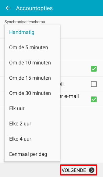 Kies hoe vaak de app checkt op nieuwe mails